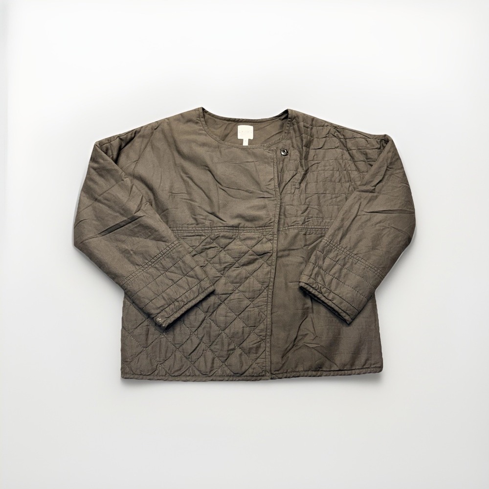 Leith Quilted Jacket Women M Asymmetrical Snap Cotton Blend Taupe Solid